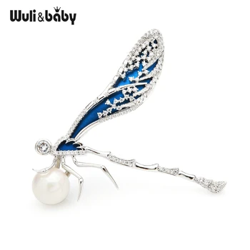 Wuli&baby Prabangių Perlų Dragonfly Sages Moterims Kubinis Cirkonis Vabzdžių Vestuvėms Šalies Office Sagės, Segtukai, Dovanos