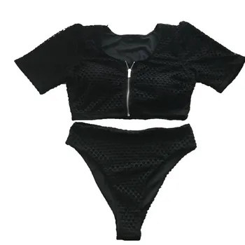 XL-4XL Plius Dydis Bikini Komplektas Trinkelėmis Užtrauktukas Priekyje maudymosi kostiumėlį, Didelis maudymosi Kostiumėliai 2019 Aukšto Juosmens Monokini Moterų trumpomis Rankovėmis Maudymosi Kostiumas
