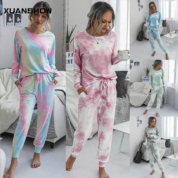 XUANSHOW Moterų 2 Gabalas Kaklaraištis Dažų Lašas pečių Sweatsuit Komplektus Lounge Pižama Nustatyti Loungewear Drabužiai Moterims Chandal Mujer