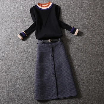Yu Jie temperamentas tinka moterų rudenį ir žiemą 2020 naujas mados džemperis užsienio stiliaus vilnonis pledas sijonas, dviejų dalių komplektas