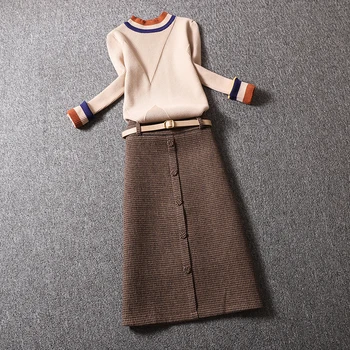 Yu Jie temperamentas tinka moterų rudenį ir žiemą 2020 naujas mados džemperis užsienio stiliaus vilnonis pledas sijonas, dviejų dalių komplektas