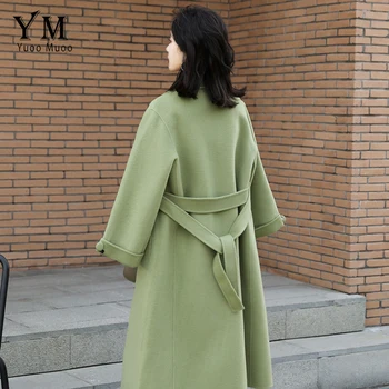 YuooMuoo Mados Moterų Streetwear Vilnos Kailis Žiemą 2019 Naujas Posūkis Žemyn Apykaklės Elegantiškas Paltas su Diržu Ilgai Žalia Vilnonis Paltas