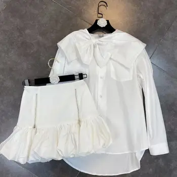 ZCSMLL atvartas lygiosios lankas ilgomis rankovėmis retro marškinėliai su užtrauktuku pusė sijono kostiumas 2021 m. pavasarį moteris, dviejų dalių rinkinys, sidabrinė banga