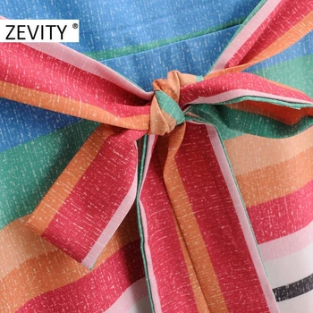 Zevity Naujas Moterų Vintage V Kaklo Spalvinga Dryžuotas Spausdinti Kratinys Lankas Varčias Midi Suknelė Moterų Atostogų Stiliaus Prabangus Vestido DS4591