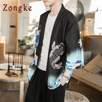 Zongke Bangos Juodas Kimono Vyrų Japonų Kimono Megztinis Harajuku Kimono Marškinėliai Vyrams Streetwear Havajų Marškinėliai Vyrams 5XL 2021 Naujas