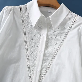 ZXQJ Moterų 2021 Mados Tuščiaviduriai Siuvinėjimo Nėrinių Baltos Palaidinės Derliaus ilgomis Rankovėmis Mygtuką-iki Moterų Marškiniai Blusas Prašmatnus Viršūnės
