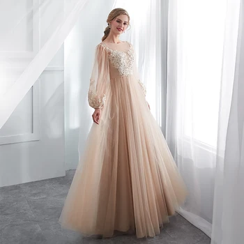 Šampanas Prom Dresses Ilgio Sluoksniuotos Rankovėmis Venecijos Nėriniai Visas Ilgis Vakaro Suknelės, Šaliai Suknelė Oficialią Suknelės vestidos de gala