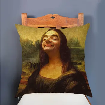 Šiuolaikinio Meno Juokingas Humoro Mr Bean Pasaulyje Garsaus Aliejaus Tapybai Mona Lisa Specialios Apdailos Sofa Mesti Pagalvės Užvalkalą Pagalvėlė Padengti