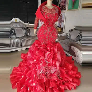 Žavinga Raudona Kalnų Krištolas Undinė Vestuvių Sparkle Nėriniai Kristalų Vestuvinės Suknelės Suknelės Sodrus Organza Ruffles Pakopų Vestuvinės Suknelės Gonna