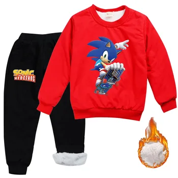 Žiemos Anime Sonic The Hedgehog Drabužių Rinkinys Vaikas Storo Aksomo Palaidinukė Sportinis Kostiumas Bamblys Mergina Komplektus Berniukas Tracksuit Vaikas Aprengti