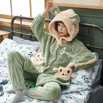 Žiemos Gyvūnų Storio Moterų Pižama Nustatyti Sleepwear Šiltas Ilgomis Rankovėmis Moteriška Pižamos Rinkiniai Rožinė Mielas Homewear Namų Kostiumas