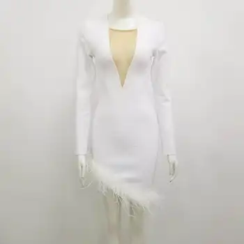 Žiemos Mados Seksualus Ilgomis Rankovėmis Akių Plunksna Balta Moterų Bodycon Tvarstis Suknelė 2020 Metų Moteris Vakarą Elegantiškas Šalis Suknelė