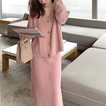 Žiemos Megztinis Nustatyti Moterų Atsitiktinis 2 dalių Komplektas Megztinis Kailis+megzti Sijonai Office Kostiumai Moterų 2020 m. korėjos Stiliaus Saldus Outwear