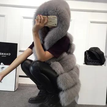 Žiemos Rankovių Dirbtinis Fox Fur Coat Dirbtiniais Kailiais Striukė Moteriška Kietas Kailio Šilta Liemenė su Gobtuvu, Moters, Paltai 2020 viršutinių drabužių siuvimas