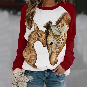 Žirafa Spausdinti Atsitiktinis Moterų Marškinėliai Ilgomis Rankovėmis Prarasti Plius Dydis Rudens Žiemos Moterų Megztinis Marškinėlius Viršuje Šeima Naujųjų Metų Drabužių